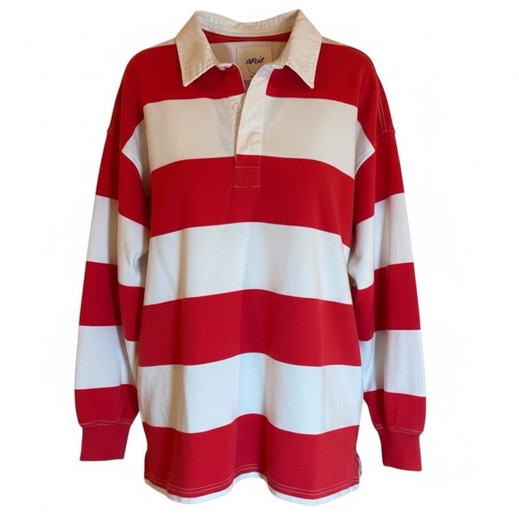 Aerie Oversized Prep Rally Rugby Shirt Red White Stripe Y2K Aesthetic Small - Picture 1 of 12